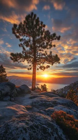 Sunlit pine tree welcoming dawn over glowing mountain lake.
