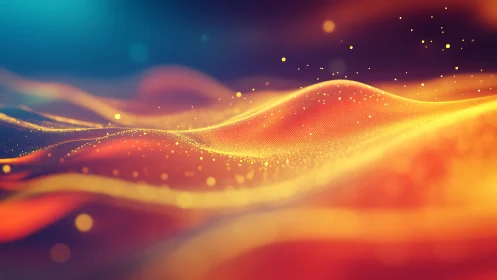 Luminous abstract waves glow with golden particle fields.