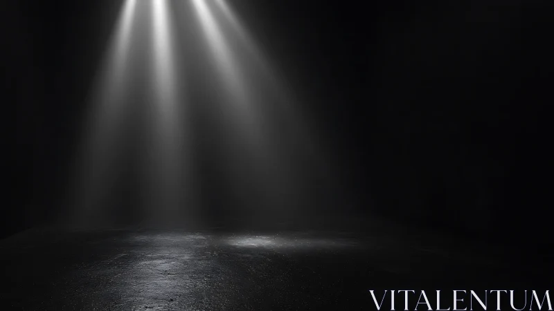 Twin spotlights slice through darkness onto empty floor.
