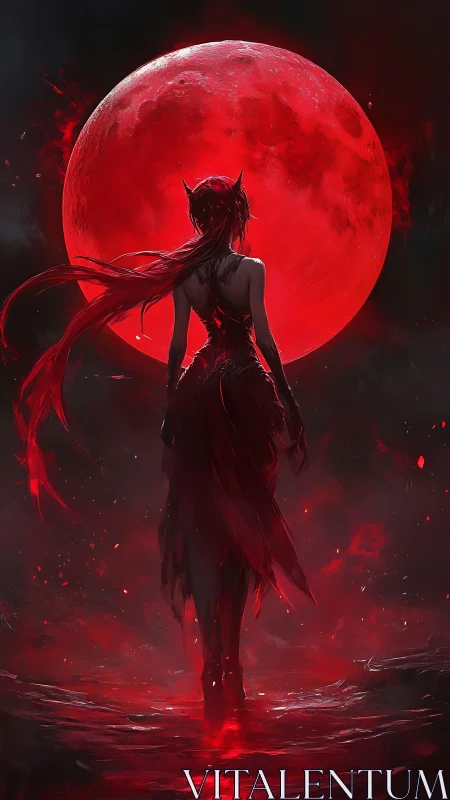 Crimson moon siren ascends through embers of the void.