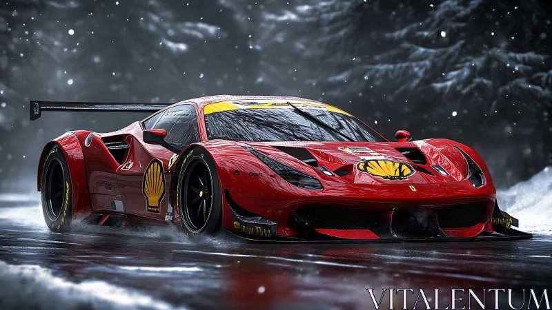 Red GT race car powers through wet snowy forest circuit
