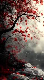 Red-leafed tree above rocky slope in foggy outdoor scene.
