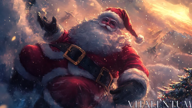 Joyful Santa in a glowing winter wonderland sky scene.