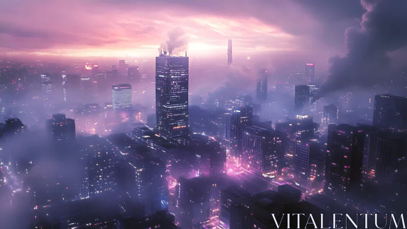 Neon fog urban skyline under magenta twilight atmospheric haze.