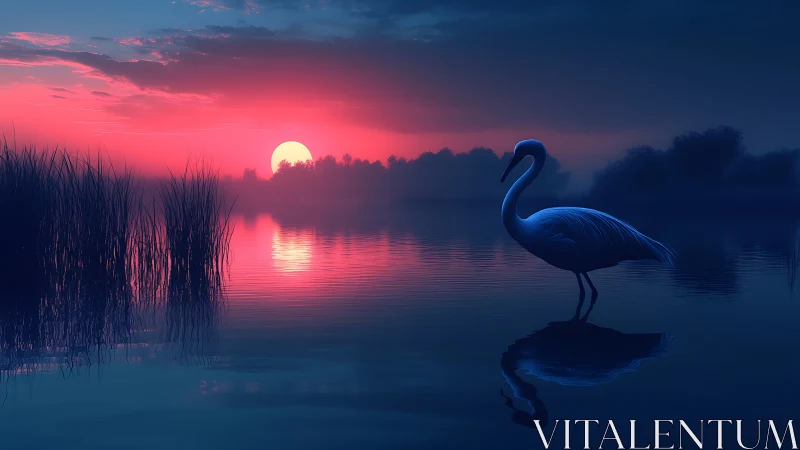 Moonlit heron in rosy dusk reflections over calm water.