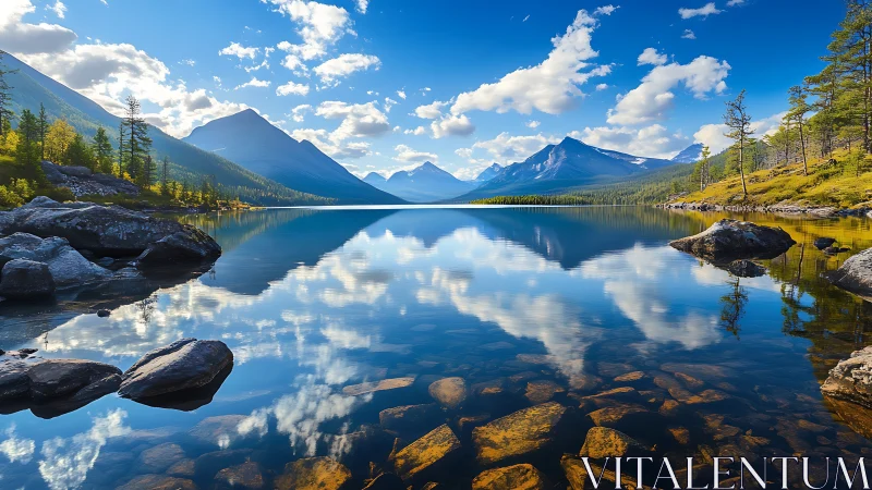 Mountain lake mirror where quiet skies meet clear water.