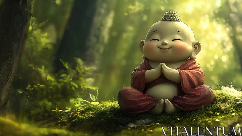 Smiling baby monk meditates peacefully in sunlit forest glade