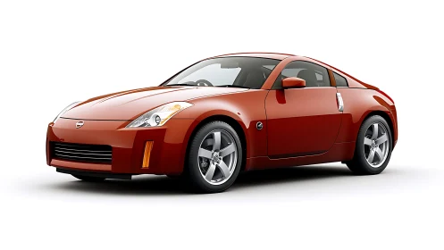 3D studio render of red sports coupe with clean white backdrop.