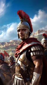 Roman centurion commands the sunlit cityscape below.