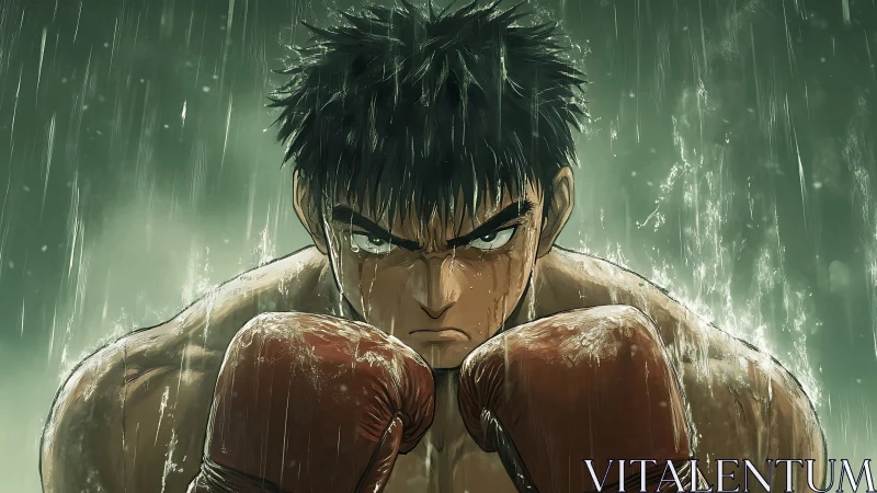 Rain-Soaked Boxer in Tense Confrontation.