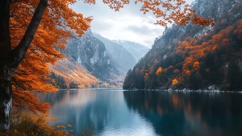 Mountain lake mirrors vivid orange autumn forest glow.