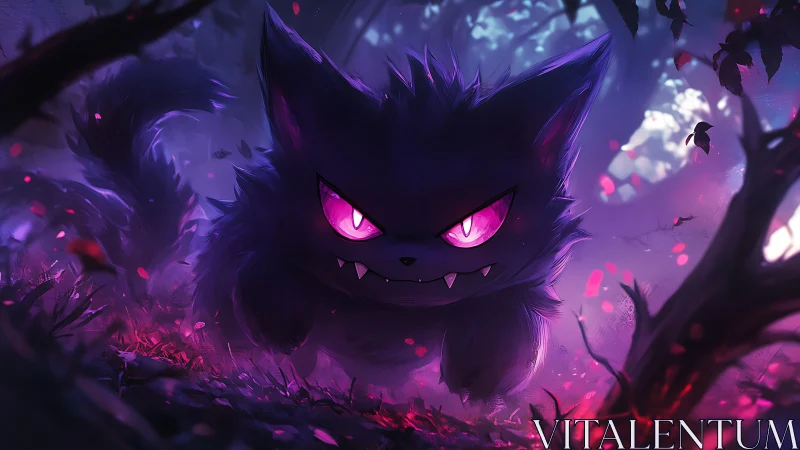 Dark feline creature advances through luminescent forest scene