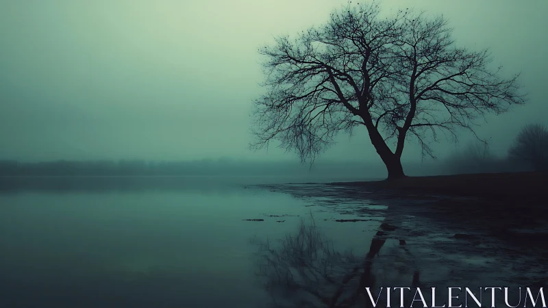 Solitary bare tree mirrored on misty cyan lakeshore twilight.