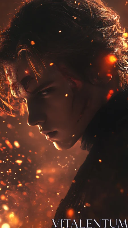 Battle-scarred youth in ember field rendered with volumetric glow