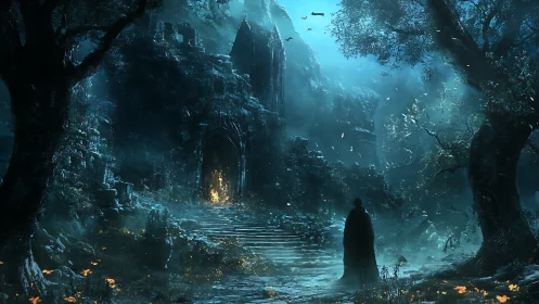 Cloaked wanderer approaches ruined citadel under eerie moon