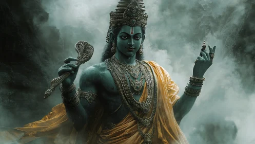 Divine blue deity in mist with golden robe and regalia.