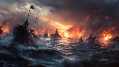 War-torn dusk seascape with burning armada in turmoil.