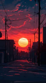 Urban backstreet sunset with utility poles and vivid red sky