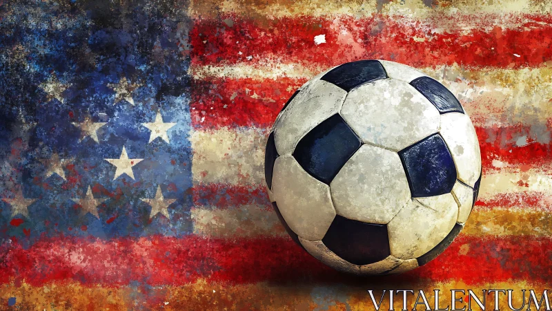Weathered soccer ball on distressed American flag backdrop