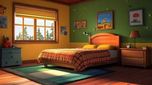 Cozy cartoon bedroom glowing with soft afternoon sunshine.