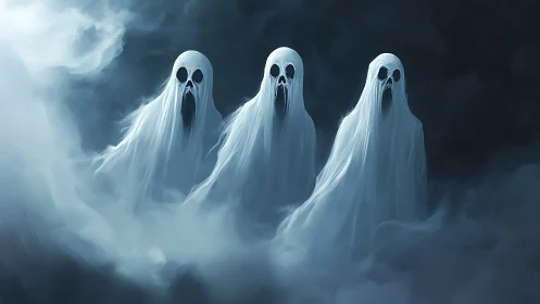 Three mourning phantoms gliding through storm-born mist.