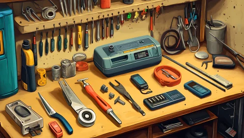 Orderly electronics workbench displays precision hand tools.