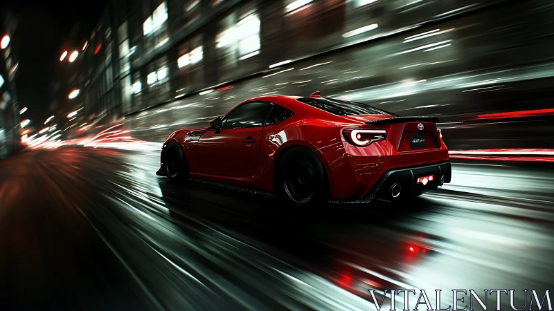 Red sports coupe accelerates through wet neon city street