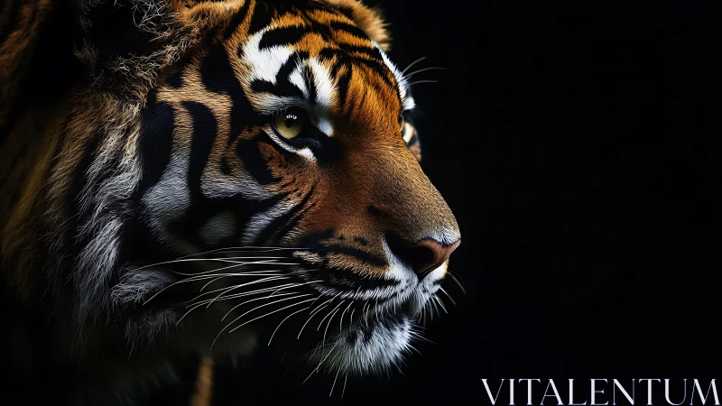 Tiger profile portrait shows sharp whiskers and striped fur