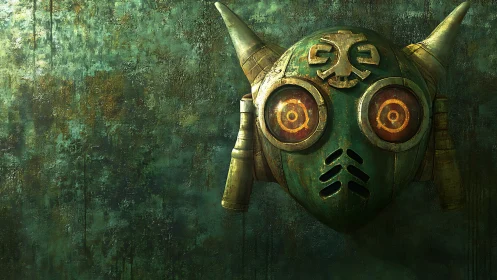 Rusty robot mask with glowing eyes on a weathered wall.