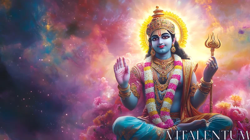 Blue-skinned deity meditates amid radiant cosmic nebula