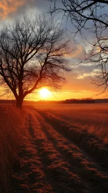 Winter tree silhouette over glowing rural sunset path.