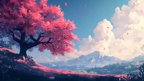 Pink-blossomed tree above valley with distant mountain range.