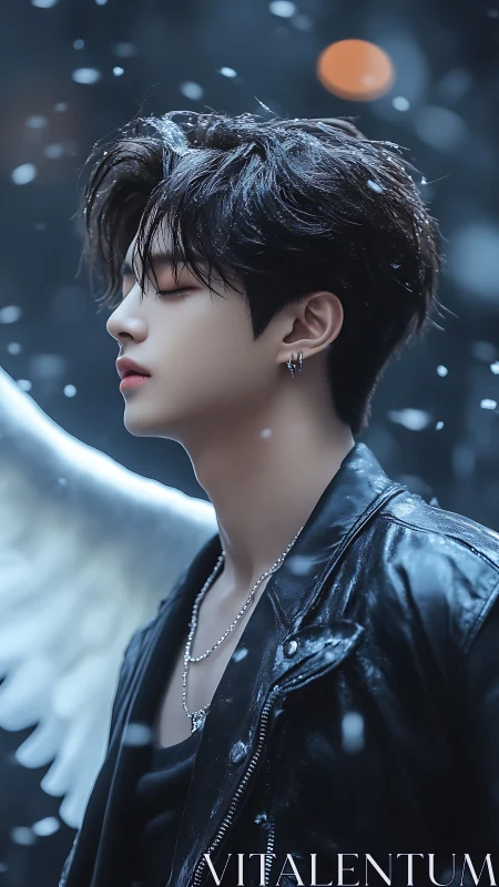 Photorealistic angelic portrait in cinematic snowfall profile.