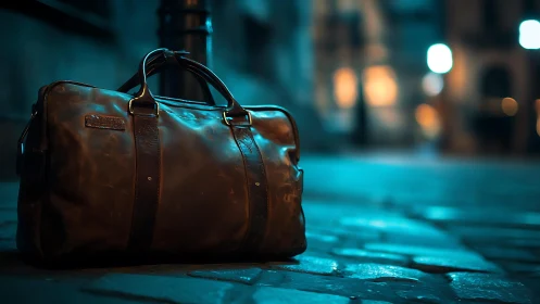 Leather duffel bag on wet cobblestone street at night
