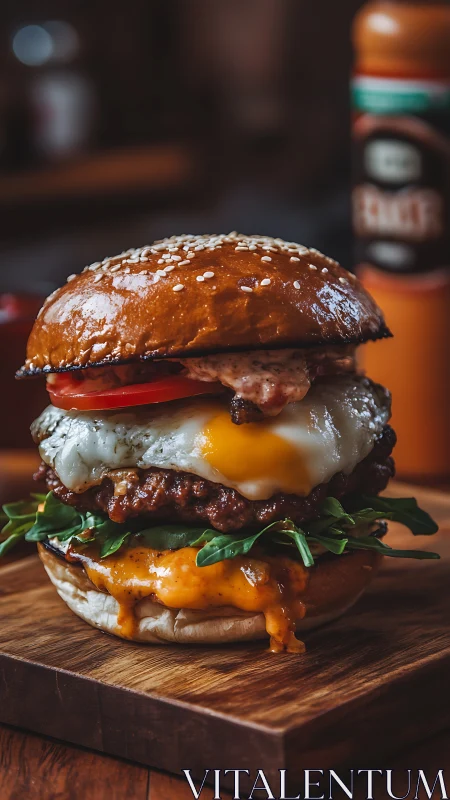 Stacked cheeseburger with fried egg rests on wooden board