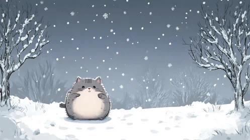 Round grey cat stands in a quiet snowy winter landscape.