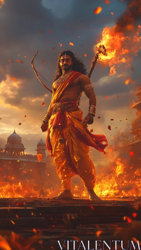 Warrior prince amid blazing ruins and storm-lit skies.