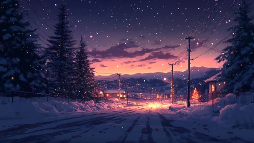 Snowy small town street at sunset with glowing lights.