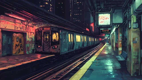 Neon subway train glides through a moody rain-washed station