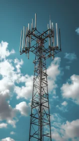 Cell tower rises above soft clouds under clear blue sky