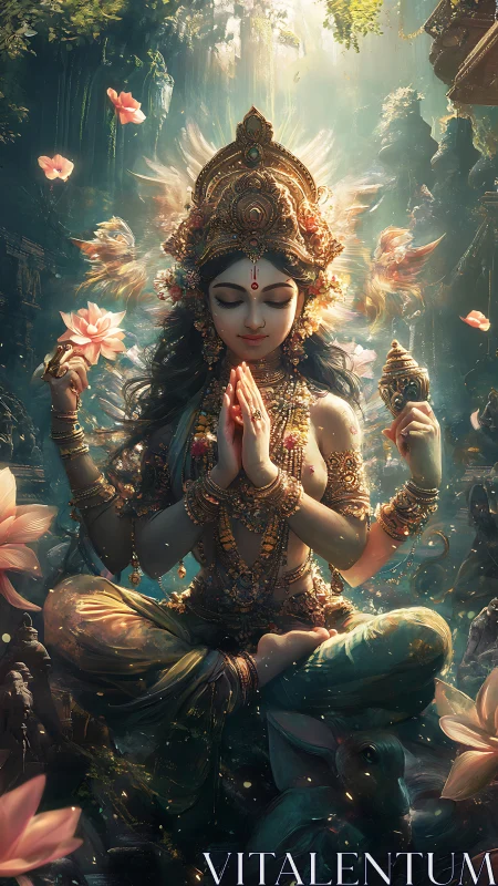 Serene goddess figure in lotus pose amid ornate forest scene.