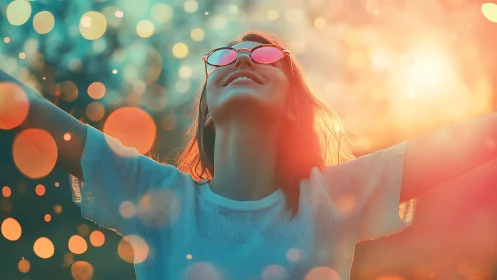 Joyful woman outdoors in sunlight with dreamy bokeh effect.