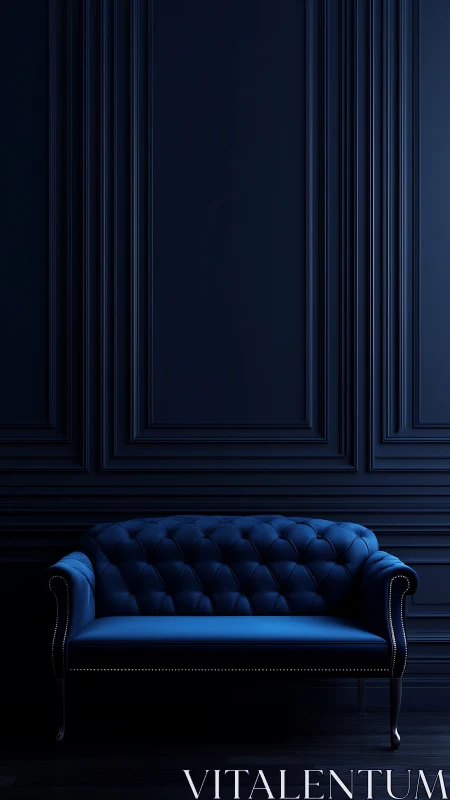 Deep blue velvet sofa in a calm, softly lit room.