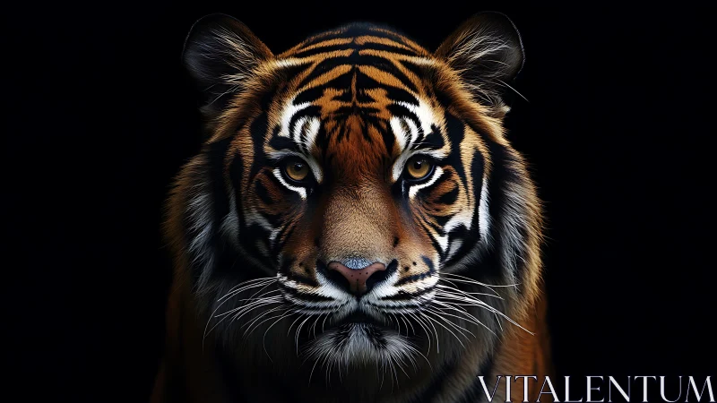 Tiger portrait on black background with intense gaze.