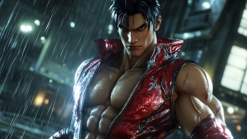 Photorealistic rain-soaked fighter portrait in dynamic lighting.