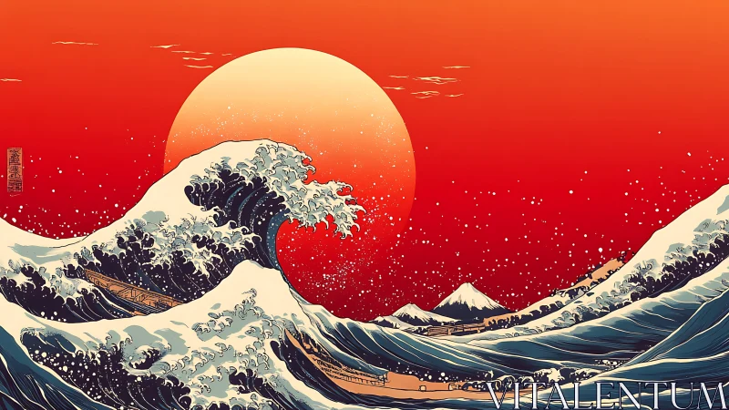 Crashing wave silhouettes a blazing red setting sun.