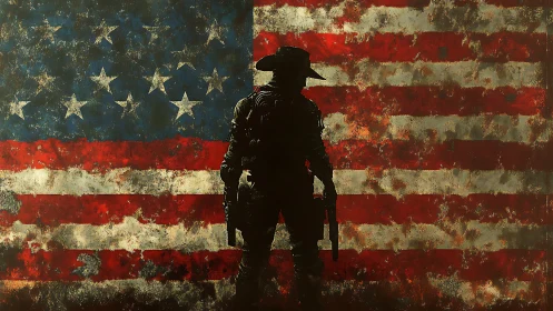 Silhouette gunslinger cuts a bold shadow across worn stripes