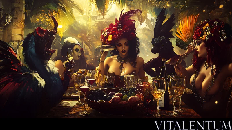 Masked figures at ornate feast table in tropical setting.