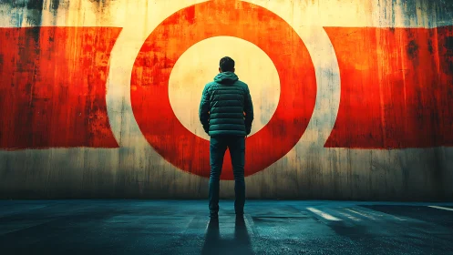 Silhouetted figure before bold red concentric mural design.