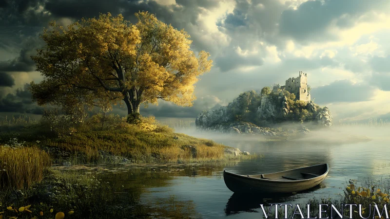 Medieval Castle Lake Landscape with Golden Tree.